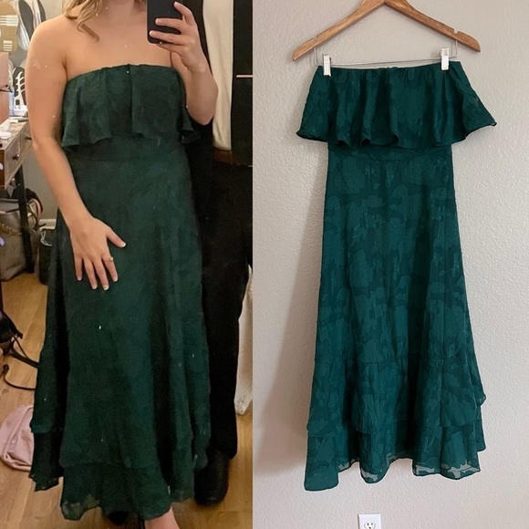 Love You So Truly Dark Green Burnout Floral Strapless Midi Dress - Picture 4 of 10